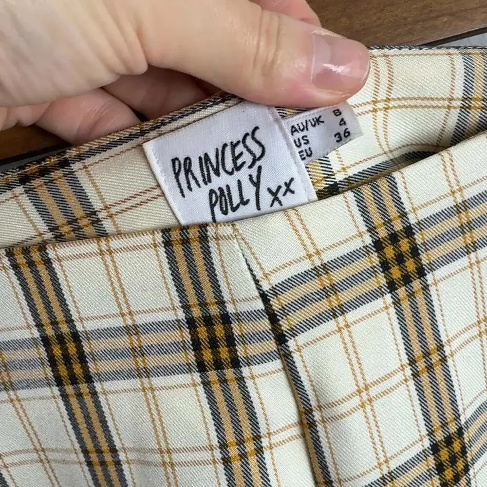 Princess Polly Plaid Trousers Wide Leg Cream Brown US 4 AU 8 Academia Women’s